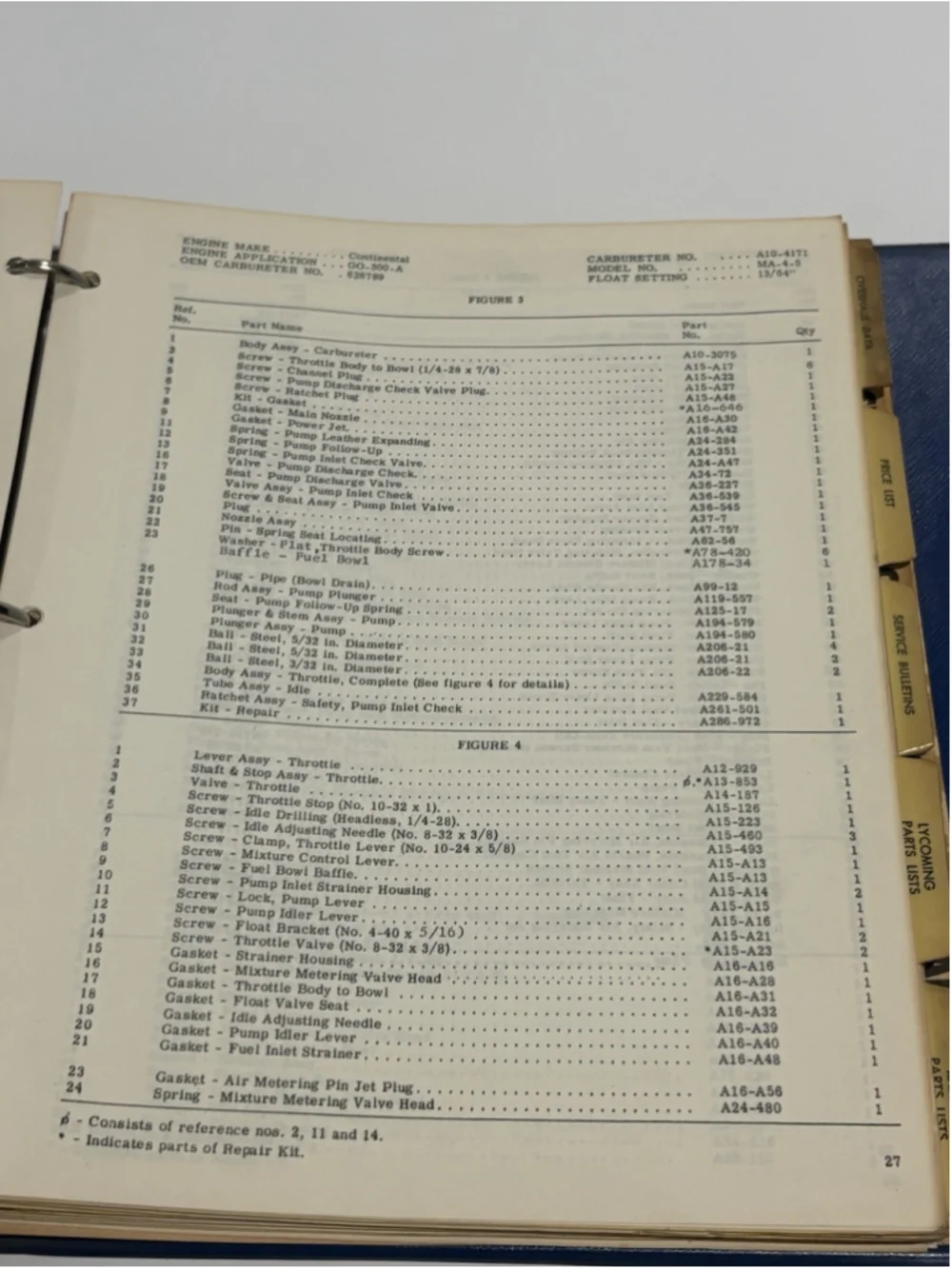 Marvel-Schebler Aircraft Carburetor Parts Manual MA-4-5 Continental Lycoming